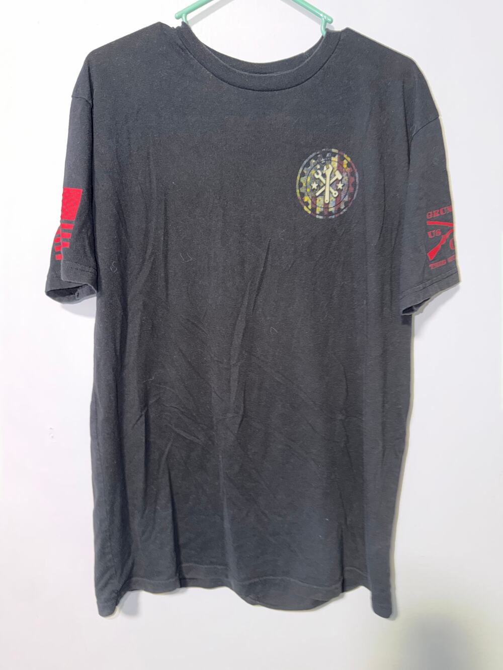 Grunt Style Black Graphic T-Shirt Earned Every Cent Print Flag Sleeve